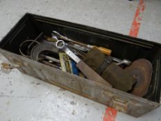 WWII metal shell case containing a quantity of vintage tools