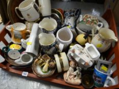 Crate of various china including set of graduated jugs, novelty teapot, jugs etc