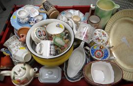 Crate of mixed china including novelty & other teapots, dinnerware etc