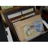 A box of framed WWI related pictures & documents