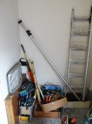 Quantity of various tools, stepladder, pasting table, lighting etc