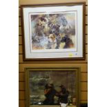 Framed limited edition print of dogs together with a framed print of fisherman