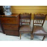 Small three-drawer cabinet together with a pair of hall chairs