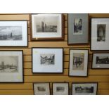 A good collection of framed etchings including London scenes, sailboats etc