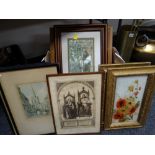 Box of various coloured etchings & prints together with a pair of painted glass flower displays