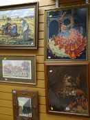 Three framed cross stitch pictures, Flamenco dancer, harvesters & a knight