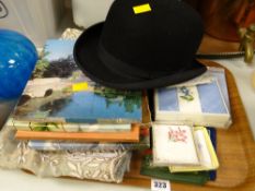 A Dunn & Co bowler hat & a quantity of vintage boxed linen, handkerchiefs etc