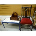 A desk top letter box, glass top painted coffee table & a barley-twist hall chair