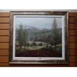 Framed print looking across farmland, signed ANTHONY WALLER