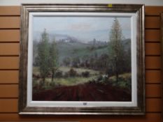 Framed print looking across farmland, signed ANTHONY WALLER