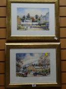 Two framed watercolours - figures in a street by S A BYAS