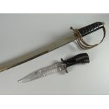 An Indian curved sword with decorated blade together with a practice bayonet