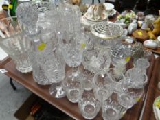 Tray of various glassware including decanters, drinking glasses, rose bowl etc