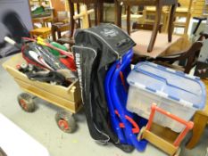 A child's wooden hay cart together with skate boards, archery set, cricket bat & sledges etc