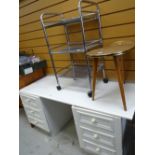 A white dressing table, pine effect computer table, chrome trolley etc