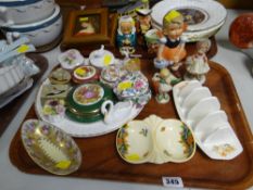 Tray of mixed china including pill boxes, continental figures etc