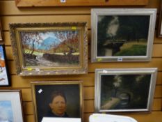 Five framed pictures - country scenes together with a head & shoulders of a Victorian lady