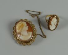 A cameo brooch & ring in a 9ct gold setting
