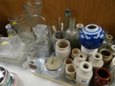 Tray of small vintage stone & glass bottles & other glassware