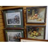 Two framed hunting prints together with two framed still life prints