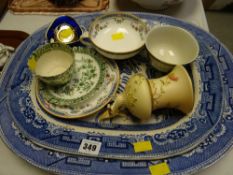 Two blue & white willow patterned platters, blue glass pin dish etc
