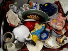 Crate of mixed china including Wade Natwest piggy banks, teapots etc