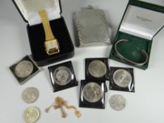 Royal Commemorative crowns, hip flask, wristwatch, 9ct gold crucifix, 9ct gold chain