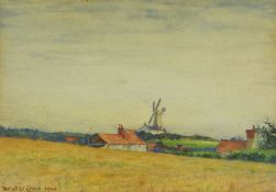 WALTER CRANE (1845-1915) watercolour - landscape with windmill and red-roofed houses, signed and