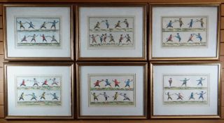 BENARD DIREXIT set of six coloured prints - fencing positions, entitled 'Escrime', each framed and