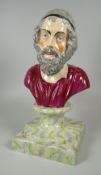 STAFFORDSHIRE PEARLWARE MODEL OF JESUS CHRIST classically modelled over a square plinth, 32cms high