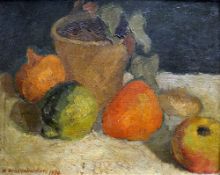 INNOCENTI oil on board - still-life of fruit and plant-pot, signed and dated 1930, 20 x 23cms