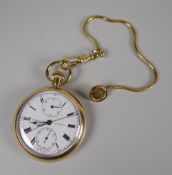 AN 18CT YELLOW GOLD SWISS CHRONOGRAPH POCKET-WATCH with button-wind movement, the circular white