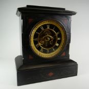 VICTORIAN POLISHED SLATE AND MARBLE MANTLE CLOCK of architectural form, the circular black enamel