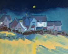 MARGARET HOLLINS oil on board - entitled 'Welsh Mining Village at Night', signed, 23 x 27cms