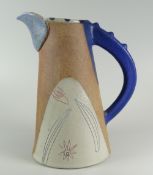 JILL FANSHAWE KATO stoneware conical jug with deep blue dimpled handle and with colourful abstract