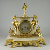 A CLASSICAL WHITE MARBLE & GILT METAL MANTEL CLOCK with flanked by opposing gryphon mounts, and with