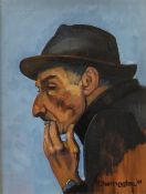 JOHN CHERRINGTON oil on board - head and shoulders portrait of elderly man in hat, signed and