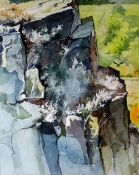 DAVID MORRIS watercolour - granite ridge with vegetation, probably Derbyshire, signed, 26 x 21cms