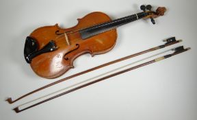 AN N.AUDINOT VIOLIN with inlaid body, 59cms together with two bows, one stamped N LAURY A PARIS