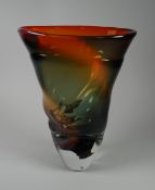 A NICK ORSLER CONTEMPORARY ART GLASS VASE of organic form with blended colours and clear glass base,