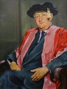JOHN CHERRINGTON oil on canvas - half portrait of seated scholar in academic gown and felt cap being