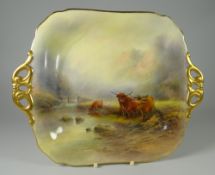 A ROYAL WORCESTER TWIN-HANDLE DISH decorated with three Highland-cattle watering at a river with