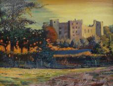 JOHN CHERRINGTON oil on board, a pair - day and night view of a castle, possibly Warwick, signed and