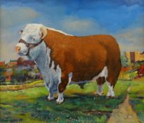 JOHN CHERRINGTON oil on board - study of a standing prize-bull, signed and dated 1989, 45 x 52cms