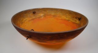 A MULLER FRERES OF LUNEVILLE GLASS UPLIGHT CEILING SHADE in mottled amber, with original metal