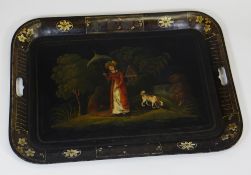 A JAPANNED METAL TRAY having twin-handles and raised floral painted border and a pictorial scene
