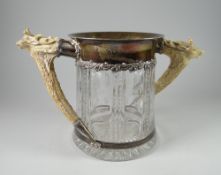 A RARE SILVER, ANTLER & GLASS TOASTING VESSEL believed American, late nineteenth / early twentieth