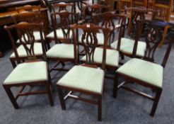 SET OF TEN (8 + 2) MAHOGANY CHIPPENDALE-STYLE CHAIRS with matching upholstered drop-in seats