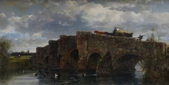 WILLIAM PITT (1853-1890) oil on canvas - figures and cart on historic stone-built bridge, entitled