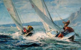 R G TROW believed acrylic - dynamic maritime scene of two racing yachts off the coast with